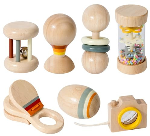 7 pezzi/set sonaglio in legno per bambini sonaglio naturale organico per bambini con bastone della pioggia, campanello a mano, palla di sabbia e altro ancora, in legno Montessori per rag