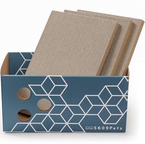 5609PETS Cardboard Cat Scratcher, No-Mess Cat Scratcher Box with 3 Refillable Double-Sided Cat Scratcher Pads for Indoor Cats