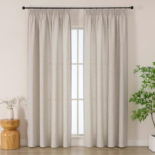 Simplebrand Linen Curtains 220 Long 2 Panels Set, Faux Linen Textured Semi Light Filtering Soft Airy Farmhouse Window Curtain Drapes for Living Room Bedroom,Linen, Each 140Wx220L