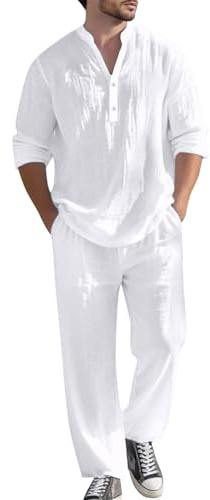 Générico Traje de otoño de lino para hombre Conjunto informal para las vacaciones Camisa holgada y transpirable con cuello en V y mangas largas, y pantalón estilo ciudad, blanco, XXL