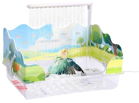 Smandy Ducha para Loros con Jaula Grande, Filtro de Bomba Desmontable, Agua Circulante, Fácil Instalación, Baño para Pájaros Automático con Alimentación USB para Cacatúas y (Bañera de Vida campestre)