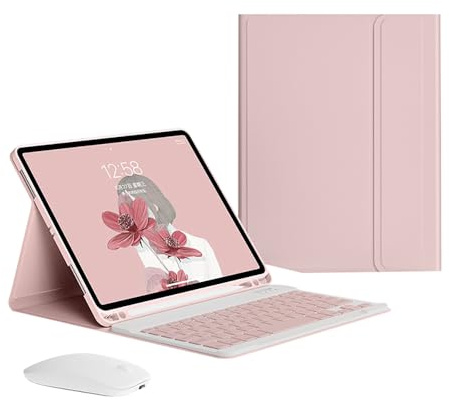 Tastaturhülle für iPad 10. Generation 27,7 cm / 11. Generation 2025 A16 11 Zoll, Maus und abnehmbare magnetische kabellose Bluetooth-Tastatur, schlank, leicht, mit Stifthalter, Kirschblütenrosa