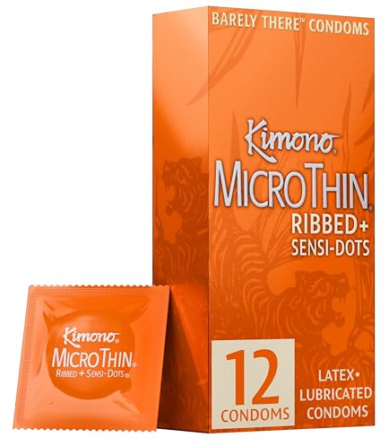 Kimono MicroThin Ribbed with Sensi-Dots Pack of 12 - Textured Lubricated Condoms, Snug Form-Fit, Natural Latex, Vegan-Friendly, No Latex Odor - Enhanced Sensitivity