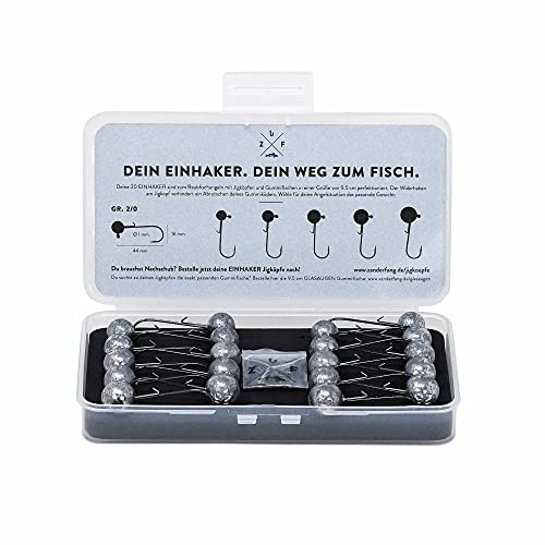 Zanderfang – Jigköpfe Set Jighaken – Angelhaken Größe 2/0 für Gummifische 8cm bis 11cm – 20 Bleiköpfe Box Set – 10 Snaps zum Angeln – Schwere Jigs 15g 17g 20g 22g 25g