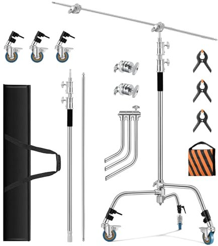 Soonpho C Stand Edelstahl Heavy Duty mit Galgenstativ 330 cm und 130cm Haltearm Kit,1 Grip Head Einstellbar,Lichtstativ,für Aufnahmestudio,Softbox,Monolights,Fotoreflektoren,Blitze,Kameras (Silber)
