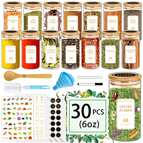 BGraceyy Spice Jars with Labels, 30Pcs 6oz Glass Spice Jars with Bamboo Lids, Minimalist Stackable Airtight Spice Containers with 426 labels for Kitchen Seasoning, Tea, Herbs, Coffee, Sugar,Shells