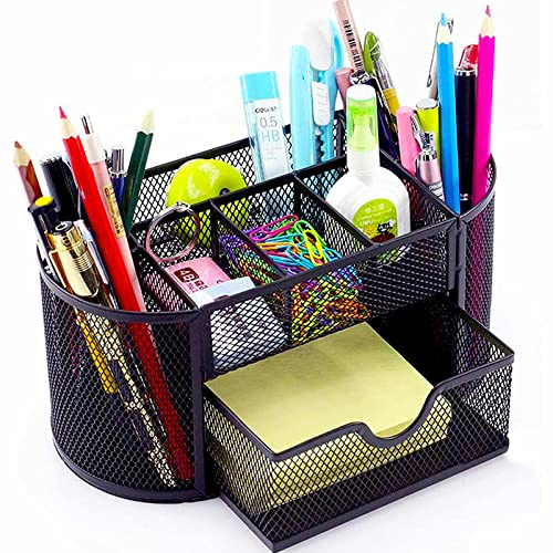 Lenfuos Mesh Desk Organiser Desk Tidy Metal Pen Holder with 8 Compartments and 1 Drawer, Stationery Storage Desktop Organiser for Home, Office, School