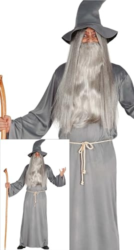 FIESTAS GUIRCA | Disfraz de Mago Medieval Adulto (46-48/S) - Túnica, Sombrero y Cinturón - Disfraces de Hechicero y Brujo para Halloween, Carnaval y Fiestas de Fantasía - Ideal para Adultos - Gris