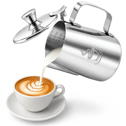 COM-FOUR® 350 ml mjölkkanna med lock, rostfri mjölkkanna, skummande mjölk | mjölkskummare - mjölkskumskanna med mätskala - baristatillbehör