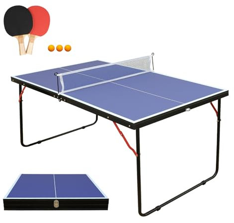 Generic KKB Sport Tischtennisplatte, zusammenklappbar, tragbar, für drinnen und draußen, mittelgroß, mit 2 Paddeln, 3 Bällen und Netz, 1,4 m