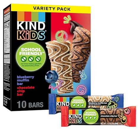 KIND Kids Granola Bars Variety Pack, Gluten Free, Low Sodium, Peanut and Tree Nut Free Snacks, Chocolate Chip, Blueberry Muffin, 5g Protein, 10 Count