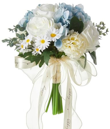 UIYIHIF Ramo de Boda de 11.0 in, Color Azul y Blanco Polvoriento para Novia, Ramo de Rosas Artificiales con Cinta de Seda, Ramo de Seda Redondo para Propuesta de Decoración del Hogar de