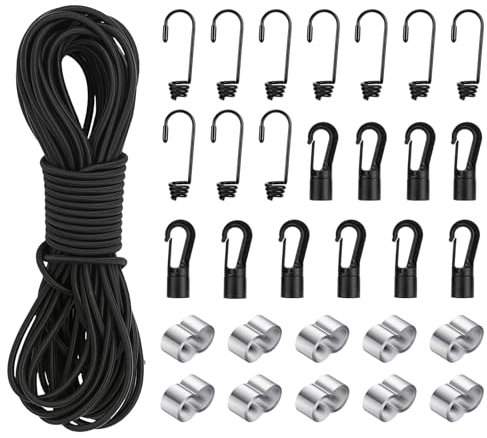 Farerkass Elastique en Caoutchouc, 6mm×15m Corde en Caoutchouc Avec 10 Crochets en Spirale, 10 Crochets en Plastique, 10 Pinces D'étranglement, Sangle Elastique pour Bache Crochet Velo, Crochet Fixati