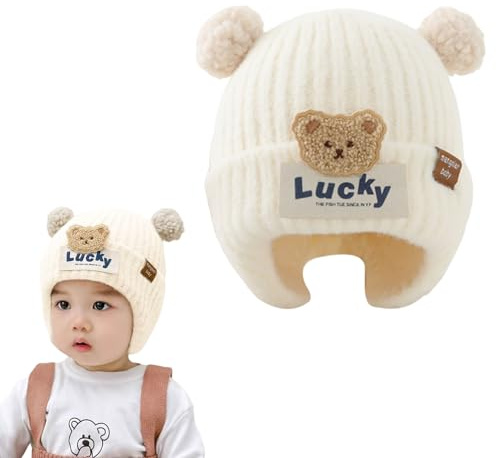 DWE Baby Winter Hat, Lucky Bear Infant Toddler Warm Beanie Hat with Earflap, Cold Weather Baby Boys Girls Hats with Pom Pom (UK, Age, 6 Months, 24 Months, White)