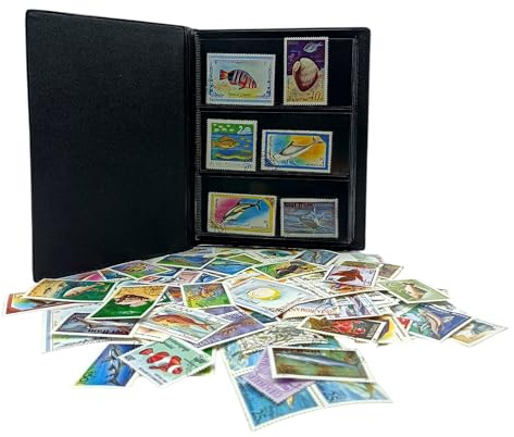 IMPACTO COLECCIONABLES – Colección de 100 Sellos con temática de Animales acuáticos con álbum Incluido (14 x 18 x 1 cm) | Eleve su colección filatélica con Sellos auténticos matasellados