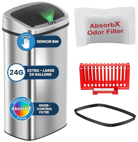 iTouchless 91 Liter / 24 Gallon Sensor 2.0 Kitchen Trash Can with Lid, Commercial Grade Automatic Stainless Steel Touchless Recycle Bin, AbsorbX Odor Filter, for Home, Office, Restaurant, Lobby, Store