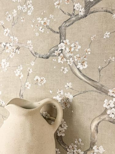 Newroom Papel Pintado No Tejido Beige Flores de Cerezo - Romántico Floral 3D Vinilo para Dormitorio Salón