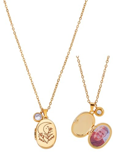 nbeads Collier Médaillon Ovale, Chaîne de Clavicule pour Ranger des Photos Bijoux avec Motif Lune et Rose pour un Usage Quotidien des Fêtes des Occasions Spéciales des Bijoux Cadeaux