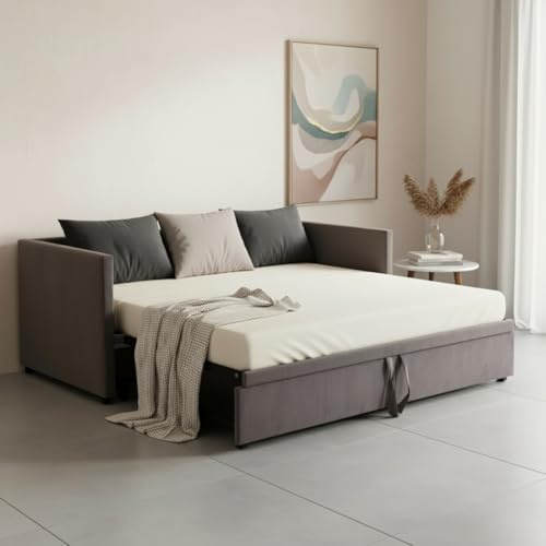 Stoppad säng Bäddsoffa med gästsäng 90/180 x 200 cm, utdragbar, för 2 personer, dagsäng, utdrag samma höjd, bäddsoffa med ribbotten och ryggstöd (grå A)