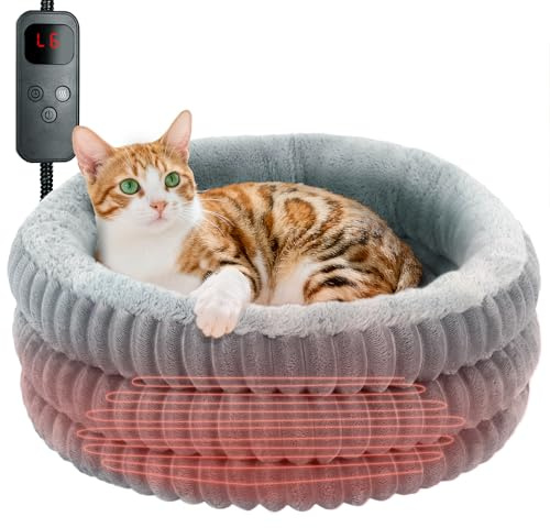 Beheiztes Katzenbett Rund - Beruhigendes Beheiztes Haustierbett für Tiefen Schlaf - für Hauskatzen und Hunde - Bequemes Elektrisches Thermo-Katzenwärmbett mit Verstellbarem Heizkissen - Waschbar