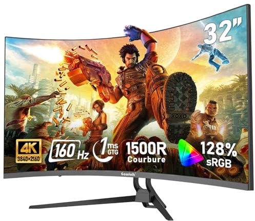 Gawfolk Écran PC 32 pouces 4K UHD incurvé 1500R, moniteur de jeu eSports 160Hz, 1ms, Adaptive Sync, 128%sRGB, grand angle de vision 178°,Haut-parleur intégré,HDMI 2.1, DisplayPort, VESA 75*75mm-Noir