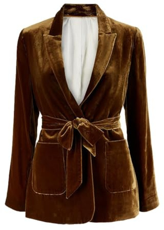 Blazer de terciopelo para mujer, chaqueta de traje de manga larga para invierno, otoño, primavera, elegante, trabajo, oficina, con cinturón, marrón, XS