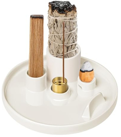 Luckwaii 5 in 1 Räucherstäbchenhalter Keramik Räucherstäbchen Halter mit Ascheschale, Incense Holders for Sticks, Yoga Meditation Räuchergefäß für das Verbrennen von Salbei, Palo Santo, Räucherkegeln