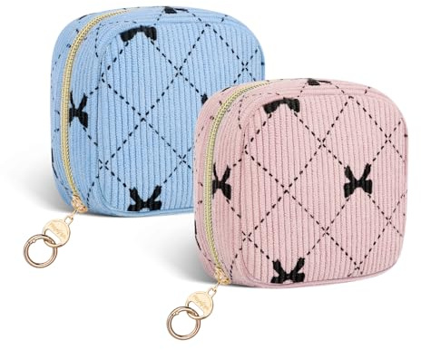 Mini Trousse Maquillage Femme en Velours Côtelé Pochette Maquillage Fille Voyage Sac de Rangement à Cosmétique Rouge à Levre Vernis à Ongles Cadeau Anniversaire Noël 10 * 5,5 * 10cm(Noir&Bleu)