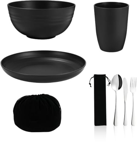 Juego de Cubiertos de Camping de 6 Piezas, Cuenco, Plato y Taza, Juego de Vajilla, Cuchara, Tenedor y Cuchillo de Acero Inoxidable, para Actividades al Aire Libre, Viajes y Picnics