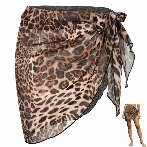 Pareo de Playa para Mujer, Falda Envolvente de Gasa con Estampado de Leopardo, Pareos Playa Mujer, Pareo Playa, Cubre Bikini Elegante para Vacaciones y Piscina, Sarong Largo 50x180 cm