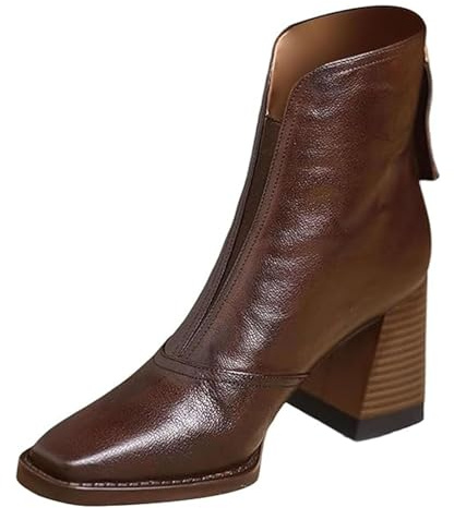 Botas de tobillo retro para mujer, botas cortas de tacón alto para mujer, estilo retro, a la moda, apiladas, con cremallera trasera, antideslizantes, zapatos de vestir para citas casuales, Brown, 38.5