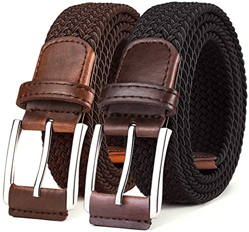 BULLIANT Mens Belt 2 Packs, Elasticated Stretch Weave Belt 1 3/8,Multicolors
