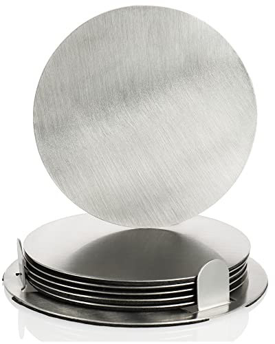 COM-FOUR® Juego de Posavasos de 7 Piezas con Soporte - Posavasos de Acero Inoxidable para Bebidas - Posavasos Redondos de Acero - Color Plateado (007 Piezas - Color Plata)