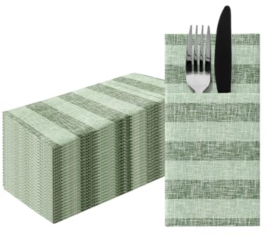 PAW - Napkins Made of airlaid - Fabric-Like (1/8 Pocket) I 25 Pieces I Ideal for Wedding, Baptism, Communion, Birthday I Fabric-Like Napkins - Nature, Green, Stripes I Color: Linen Stripes (Green)