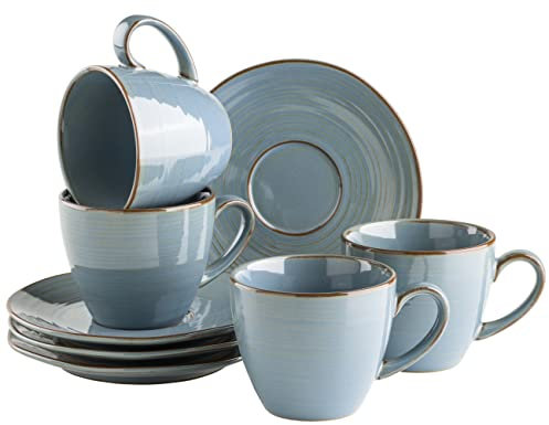 MÄSER Serie Nottingham, Vintage Kaffeetassen Set für 4 Personen, Untertassen mit unregelmäßigen Rundungen im Retro Look, Steinzeug, Blau-Grau
