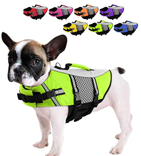 Queenmore Dog Life Jacket Small Float Vests for Swimming Boating Kayaking Mediumn Puppy Dogs Cats Neoprene Life Preserver Pet Water Lifesaver Lightweight Reflective Green,M