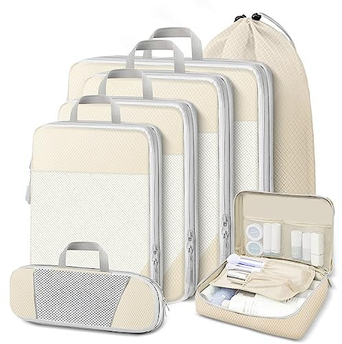 Lannvan Koffer Organizer Set 7 Teilige,Platzsparendes Packing Cubes Compression,Ultraleichte Packwürfel mit Kompression,Wasserfester Travel Organizer Packtaschen für Koffer,Rucksack und Gepäck,Beige