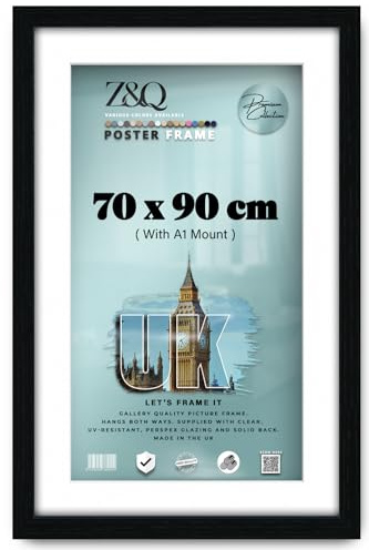 Z&Q Black Picture Frame with White Mount 70x90cm For A1 Print Wall Poster Frame - Portrait and Horizontal Wall Hooks Photo Frame for Display Pictures-Jigsaw Puzzle-Art Work