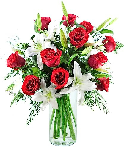 KaBloom - Bouquet of 8 Oriental White Lily 12 Red Rose With Greens With Vase - Fresh Flowers for Birthday, Valentine's & Mother's Day