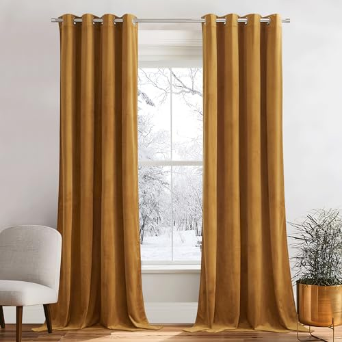 PONY DANCE Wohnzimmer Vorhänge Herbst Deko Gardinen Samt Thermogardine | 2er Set H240 x B132 cm, Goldbraun, 300g/m², Gardine Verdunkelung, Schwerer Vorhang Kälteschutz, Ösen, für Schlafzimmer