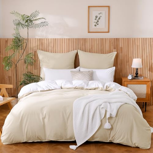ATsense Juego de ropa de cama 200x200 algodón 3 piezas, juegos de ropa de cama beige 100% algodón lavado con textura de lino, Oeko-TEX para alérgicos 1 funda nórdica con 2 fundas de almohada 80x80 cm