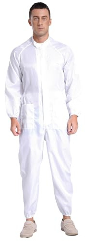 renvena Mono de trabajo de una pieza para hombre, mono de manga larga, mono a prueba de polvo, traje protector antiestático, taller, jardín, adulto, ropa de trabajo, blanco, M
