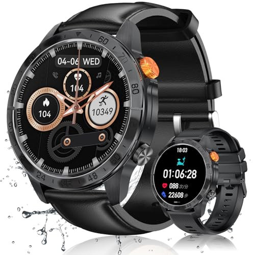Loekneue Montre Connectée Homme avec Appel Bluetooth, 1.43″ AMOLED Display, 100+ Sports Fashion Watch, IP68 Waterproof/Pedometer / SpO2 / Sleep Monitor/Fitness Watch for iOS Android (Cuir Noir)