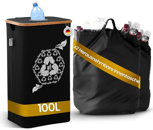 Wohnefy® 100L Pfandflaschen Sammelbehälter (Schwarz) mit Einwurf & 2 Tragetaschen, Leergut Flaschensammler für Haushalt & Küche, Mülleimer mit Deckel, Pfandbehälter für Altglas & Leergut Aufbewahrung
