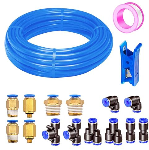 HAXIHA 10 Metros Manguera Neumática 8mm OD/5mm ID,Azul Tubo Aire Comprimido Poliuretano PU Manguera de Aire Tubo Kit,Conexión Rápida de Tuberías de Aire 32.8ft con 14Pcs Guarniciones Neumaticas