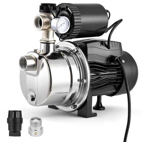 Hanchen 3/4 HP Shallow Well Pump with Pressure Tank, Automatic Booster System, Self-Priming Stainless Steel Jet Pump with Water Flow Switch Water Pressure Switch