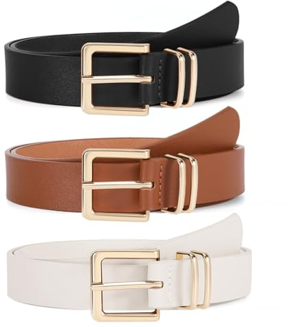 VONMELLI 3 PACK Women Leather Belts for Jeans Pants Dresses Fashion Ladies Waist Belt with Gold Square Buckle Fit Waist Size 31-37in