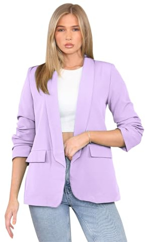 Hiffy Women's Ruched Sleeve Fully Lined Blazer Ladies Open Collared Casual Office Formal Jacket Top (UK, Alpha, XL, Regular, Regular, Lilac)