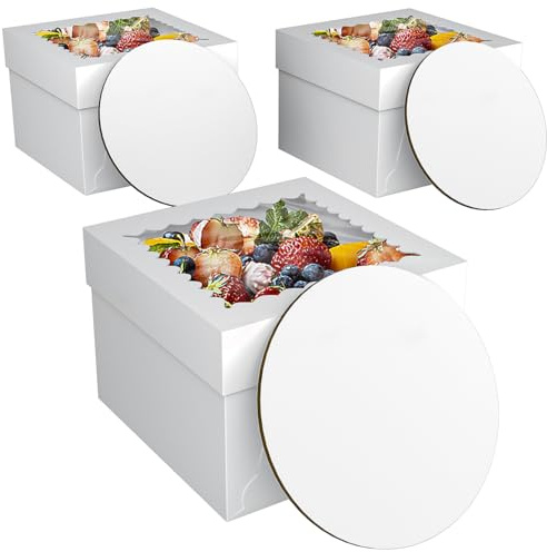 BOPLYBAY 3Pcs Cake Boxes, White Bakery Boxes with Window Cake, Containers Tall Dessert Cardboard Boxes (White, 10 * 10 * 8.1 3Pack)