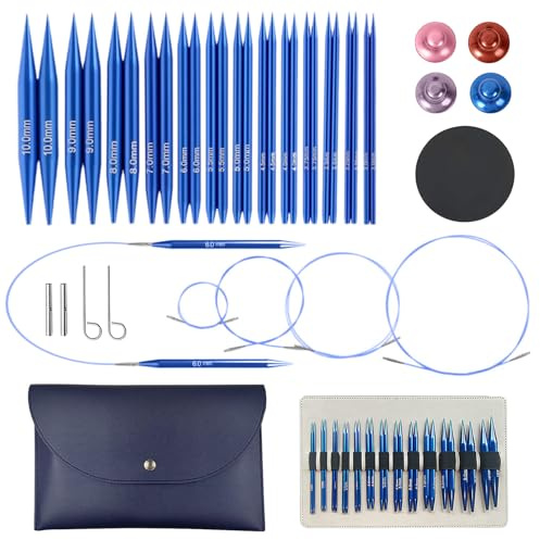 Set di ferri circolari intercambiabili con custodia in pelle, 13 paia di ferri da maglia circolari da 3,0 a 10,0, in metallo con 4 cordoncini 40cm/60cm/80cm/100cm, accessori principianti (blu)